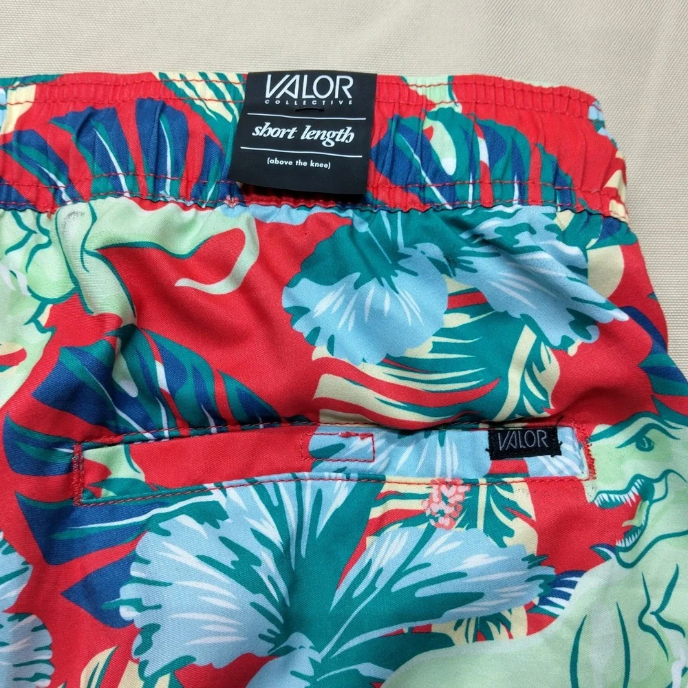 Valor Collective Mens XL Tropical Dinosaur Hibiscus Swim Trunks Red DCAE231140